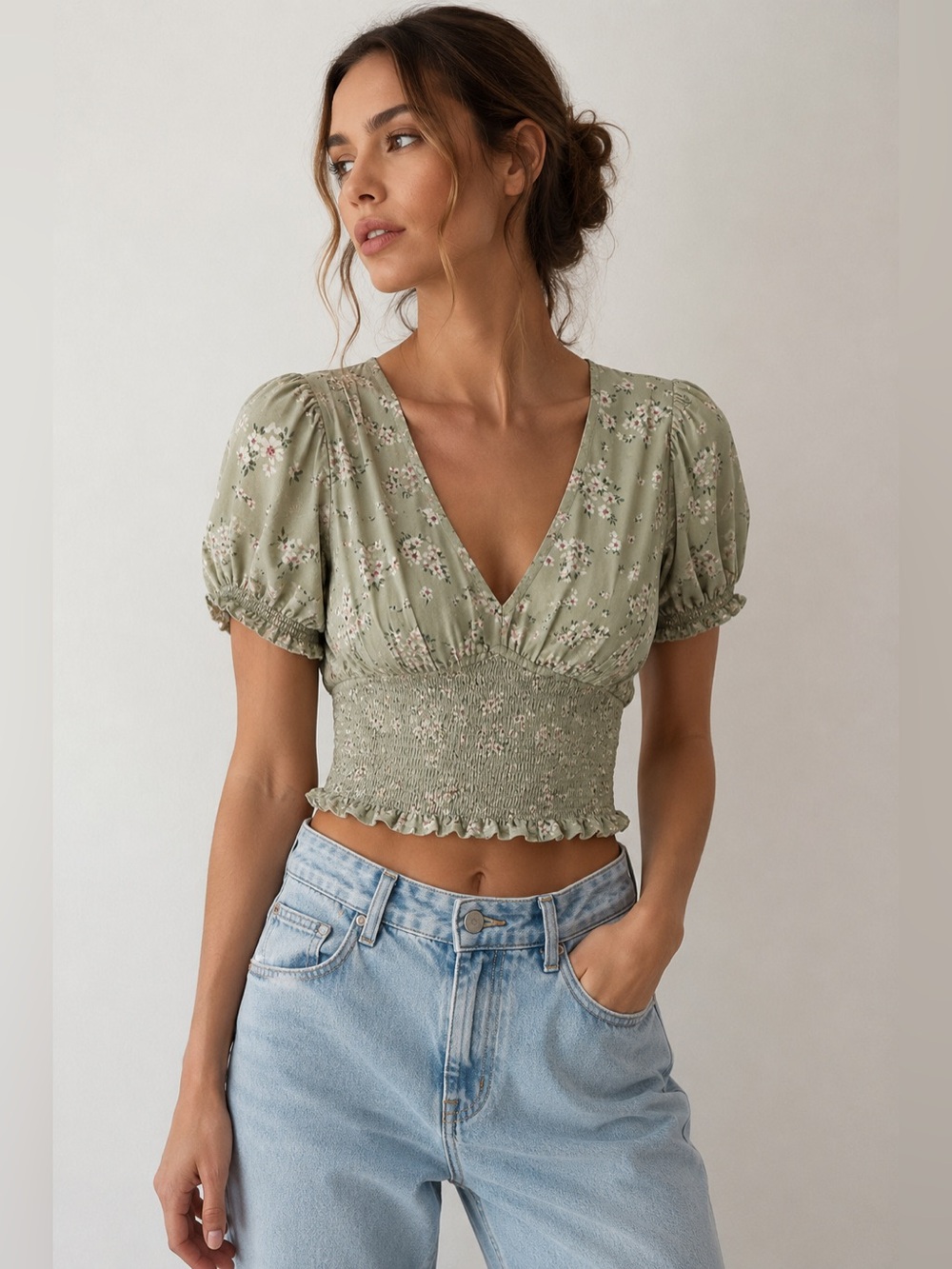 Japna Sage Green Floral Smocked Puff Sleeve Crop Top M